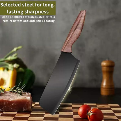 3-Piece Black Non-Stick Kitchen Knife Set, Rust Resistant Stainless Steel Chef Slicing Paring Knives, Comfort Wood Handle Cutlery for Home Camping BBQ, Housewarming Cooking Gift