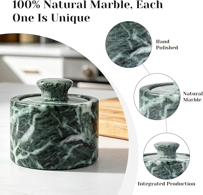 Koville Green Marble Salt Cellar with Lid 3.5", Stone Pepper Container & Spice Jars for Kitchen, Marble Salt and Pepper Holder, Stone Storage Box for Kitchen Counter, Spice Jar (Verde Alpi Green)