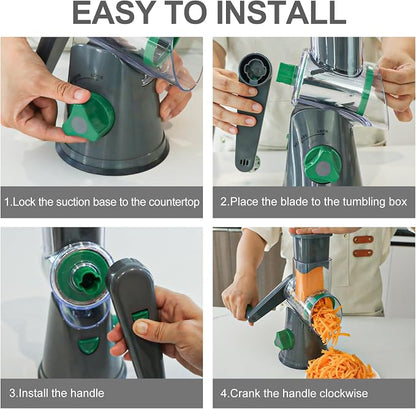 Cambom Rotary Cheese Grater Hand Crank Cheese Shredder for Fresh Cheese, Vegetable, Nuts,Non-slip Suction Base, Three Blades, Gray Green