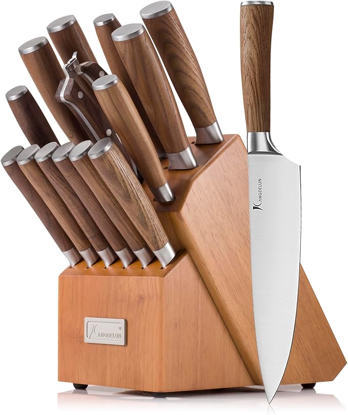 Kangdelun Ultra Sharp 15-Piece Knife Set, 50Cr15MoV High-Carbon Stainless Steel, Torrefied Brown Ash Wood Handles, Angled Golden Brown Wood Block, Easy Hand Wash, Gift Box