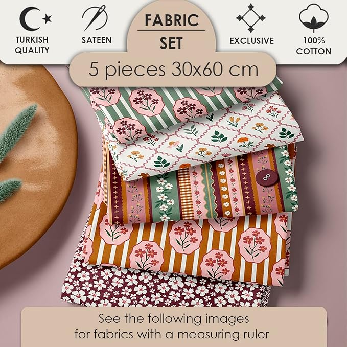 Cotton Patchwork Quilting Fabric Panel – 155×100 cm, 100% Cotton, Made in Türkiye (PRT_KUP 01-001) (Vintage Cottage Blooms, 5 pcs (23.6x11.8 inc))