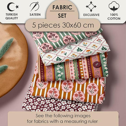 Cotton Patchwork Quilting Fabric Panel – 155×100 cm, 100% Cotton, Made in Türkiye (PRT_KUP 01-001) (Vintage Cottage Blooms, 5 pcs (23.6x11.8 inc))