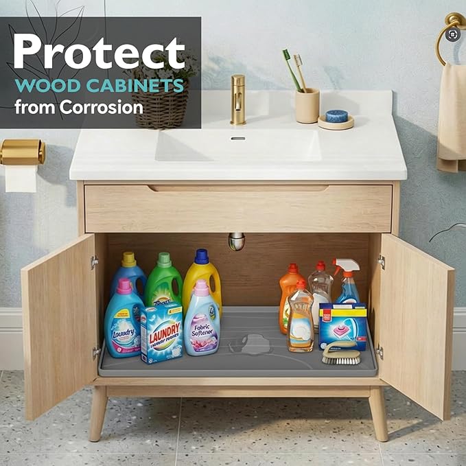 Under Sink Mat 31" x 19", Silicone Under Sink Liner for Kitchen and Bathroom, Waterproof Cabinet Protector Drip Tray, Protects Cabinets from Leaks and Spills