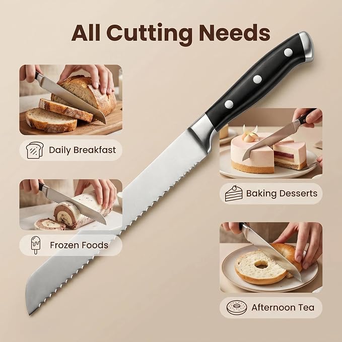 8 Inch Serrated Bread Knife, Triple Rivet Kitchen Knives with Ergonomic Handle, High Carbon Steel Wavy Edge Baking Cutting Knife for Slicing Homemade Bread, Sourdough, Bagels, Cake