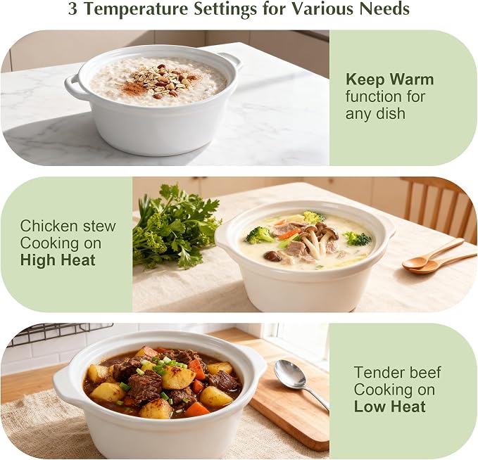 4.0 Quart Slow Cooker with Ceramic Nonstick Coating, 3 Heat Settings, Cool Touch Handles, Safe Tempered Glass Lid, Dishwasher Safe for Easy Cleanup, Ivory White