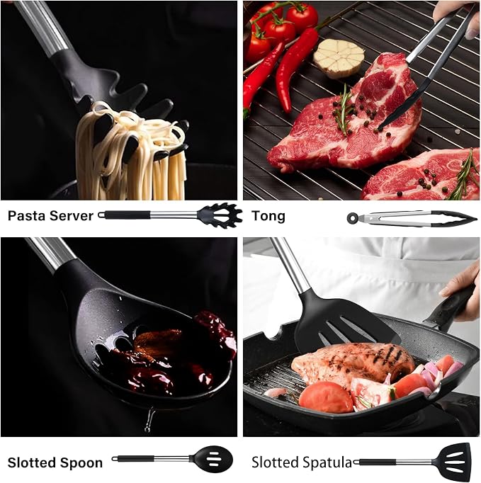 KSENDALO Cooking Utensils Set of 26 - Non Toxic Black Silicone Kitchen Utensils Set with Spoons, Heat Resistant Tong, Whisk & Holder, Dishwasher Safe