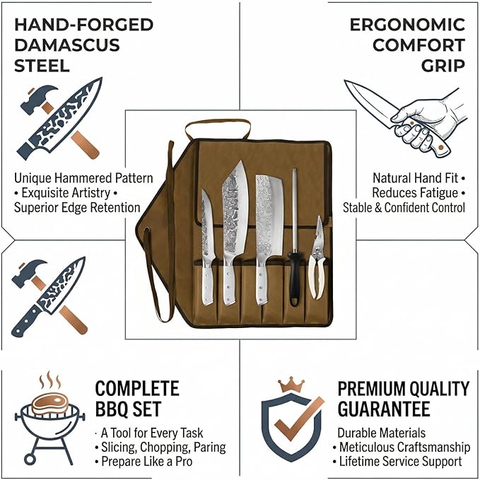 KOFERY Hand Forged Damascus Steel Butcher Knife Set with Knife Roll for Meat Cutting, Grilling & Smoking Meat, Essential BBQ Kit for Outdoor Camping, Pit Master Gifts for Men with White Handles