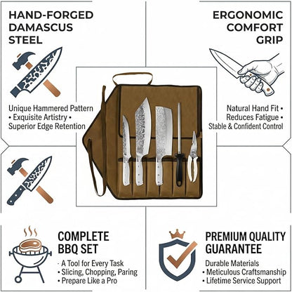 KOFERY Hand Forged Damascus Steel Butcher Knife Set with Knife Roll for Meat Cutting, Grilling & Smoking Meat, Essential BBQ Kit for Outdoor Camping, Pit Master Gifts for Men with White Handles
