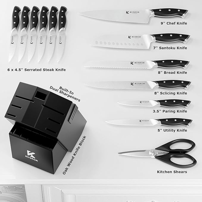 Kitchen Knife Set with Block: 15-Piece German Stainless Steel with Dual Sharpener for Beginners - Covers 95% Kitchen Tasks - Black Full-Tang Ergonomic Handle, Dishwasher Safe, Easy to Use