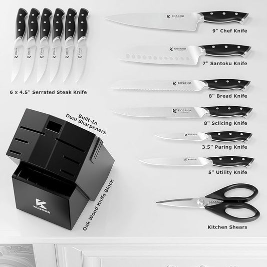 Kitchen Knife Set with Block: 15-Piece German Stainless Steel with Dual Sharpener for Beginners - Covers 95% Kitchen Tasks - Black Full-Tang Ergonomic Handle, Dishwasher Safe, Easy to Use