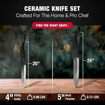 Vos ceramic knives set for kitchen in gift box, set of 2 ceramic knife with cover, 5.5" santoku & 4.5" utility for home cooks, Ultra Sharp, lightweight, rust-free, dishwasher safe (Black handle)