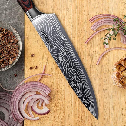 Seido Knives 5-Piece Damascus Master Chef Knife Set - Includes Gyuto, Santoku, Nakiri, Paring Knives - High-Carbon Stainless Steel Kitchen Knives