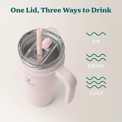 REDUCE 24 oz Stainless Steel Tumbler with Handle - Dual-Wall Vacuum Insulated Travel Mug, Sweat-Proof Lid & Reusable Straw - Keeps Drinks Cold for 24 Hrs, Fits Cupholders, Dishwasher Safe-Pink Cotton
