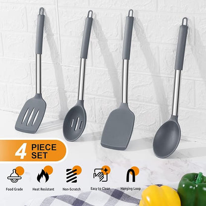 Cooking Utensils Set of 4, E-far Silicone Kitchen Utensils for Non-stick Cookware, Heat Resistant & Non-toxic Slotted Spatula Solid Spoon Turner for Flipping Mixing Serving Basting(Grey)