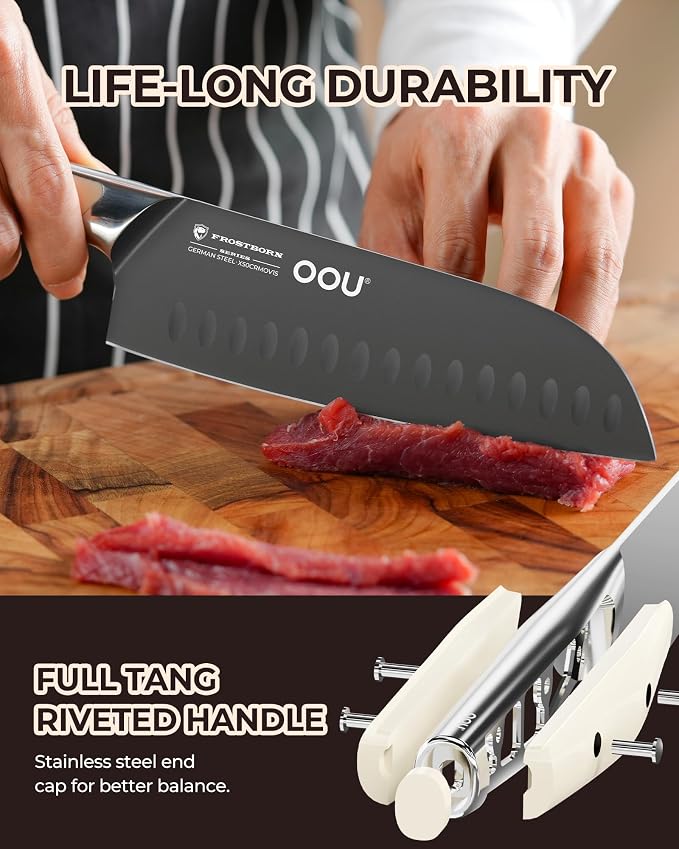 OOU 7 Inch Santoku Knife, German 1.4116 Stainless Steel Kitchen Knife, Gunmetal Blade with AgShield & TinSharp Finish, Balanced ABS Handle, Sharp Cooking Knife for Meat, Vegetables and Daily Prep
