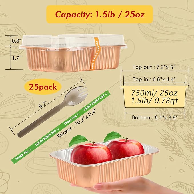 LNYZQUS 7” x 5” Small Aluminum Pans with Lids 25 Pack, 1.5lb Heavy Duty Foil Baking Tins To Go Containers,Individual Leftover Containers Baked Food Holders Boxes for Oven Grill-Champagne