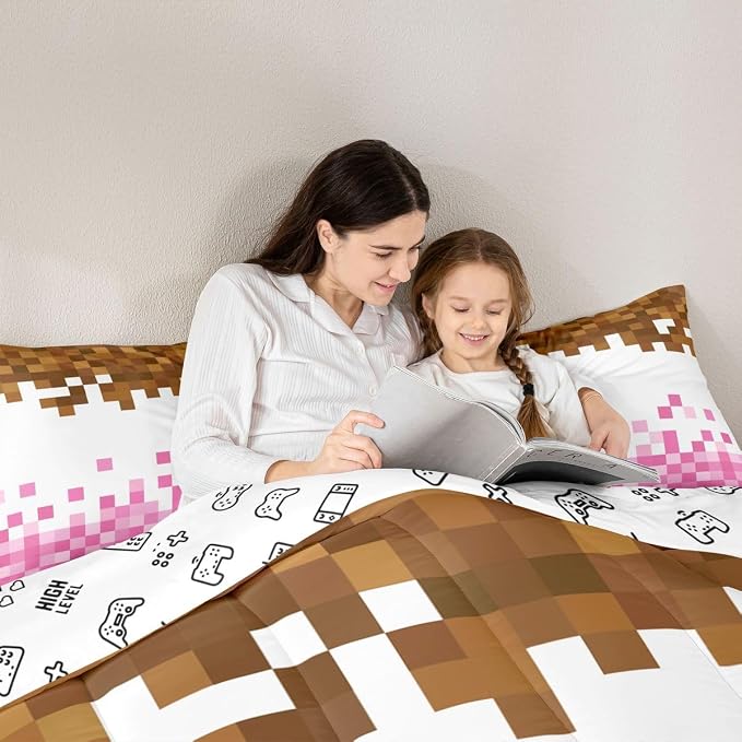 Manfei Pixelated Theme Kids Comforter Toddler Size,Geometric Grid Quilt Set for Kids Boys Girls Bedroom Decor,Video Games Gamepad Bedding Set,Pink White Brown Duvet Insert,1 Pillowcase