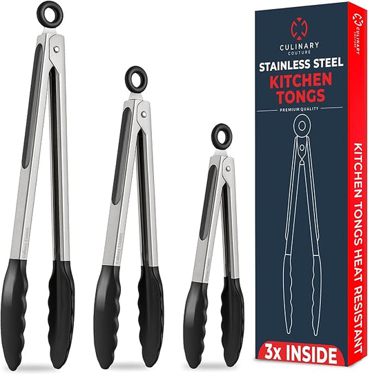 Kitchen Tongs with Silicone Tips Set of 3 Heat Resistant Tongs for Serving Food, 7-Inch, 9-Inch, 12-Inch Locking Silicone Tongs for Cooking, Salad Tong, Black Kitchen Utensils