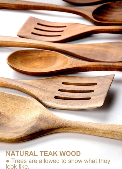 Nucookery Wooden Cooking Utensils Set with Holder, Teak Wood Utensils, Ceramic Holder for Countertop with Protection Cork Bottom, Nonstick Spoons, Cooking Spatula Set, 10 Pcs Kitchen Decor, (Sand)