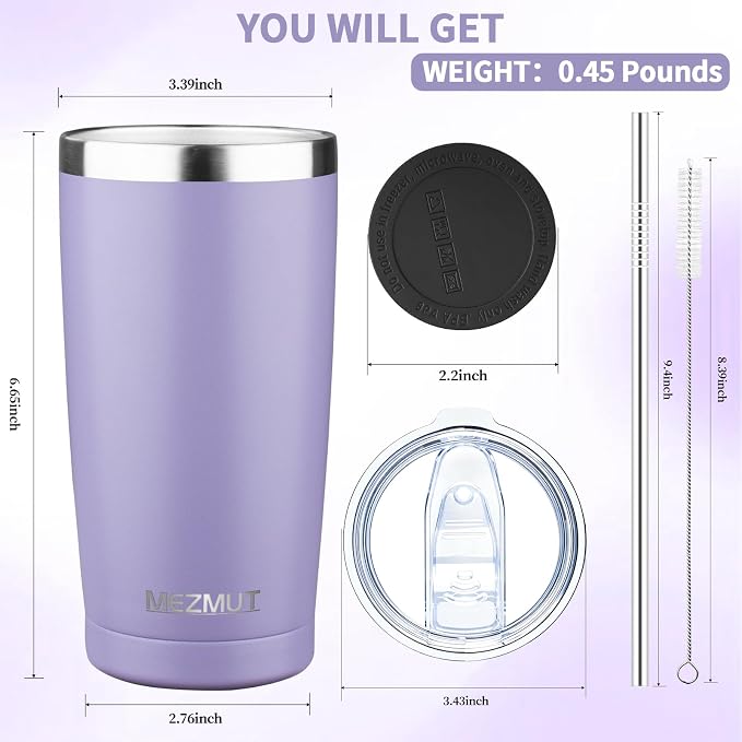 MEZMUT 20oz Tumbler Coffee Travel Mug with Lid and Straw, 4 Pack Stainless Steel Double Wall Vacuum Spill Proof Insulated Tumbler, Hot or Iced Coffee Cups for Drinks (4Pcs, Light Purple)