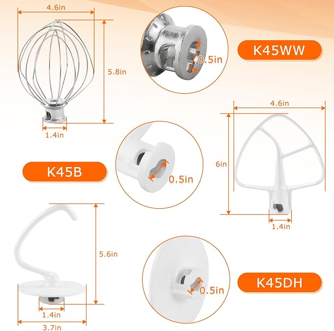 3 Pack Mixer Attachments for Kitchen Aid 4.5-5 Quart Tilt-Head Stand Mixers, Heavy-Duty Metal,Includes K45DH Dough Hook, K45B Flat Beater,K45WW Wire Whip, Dishwasher Safe Replacement Kit by TOMOON