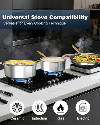 FogDream Non Stick Frying Pots and Pans Set, 9.5in Frying Pan, 5-Quart Soup Pot & 2.3-Quart Sauce Pan, Tri-Ply Stainless Steel Skillet for All Cooktops, Dishwasher & Oven-Safe Cookware Set, Gold