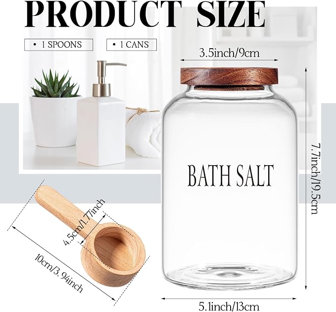 SiliFine 1 Sets 74 oz Glass Bath Salts Jar with Wooden Scoop and Lid, Bath Salt Container for Bathroom Organizers and Storage, Bathtub Accessories for Women Bathroom, Home Decor