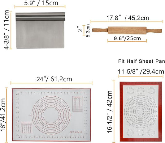GreatChef Wood Rolling Pin 17.8 Inch for Dough with Pastry Scraper/Cutter & 2 PCS Heat-resistant Silicone Baking Mat, Non-stick, for Cookie, Pie, Macaroon, bread, Baking Pasry Tools Set