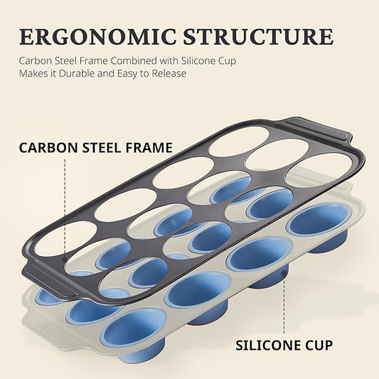 BRONYPRO Silicone Muffin Pans for Baking with Metal Frame, Egg Bite Molds, Cupcake Pans 12 Regular Size, Muffin Tins Easy to Pop Nonstick Non Toxic Bakeware for Oven,Blue