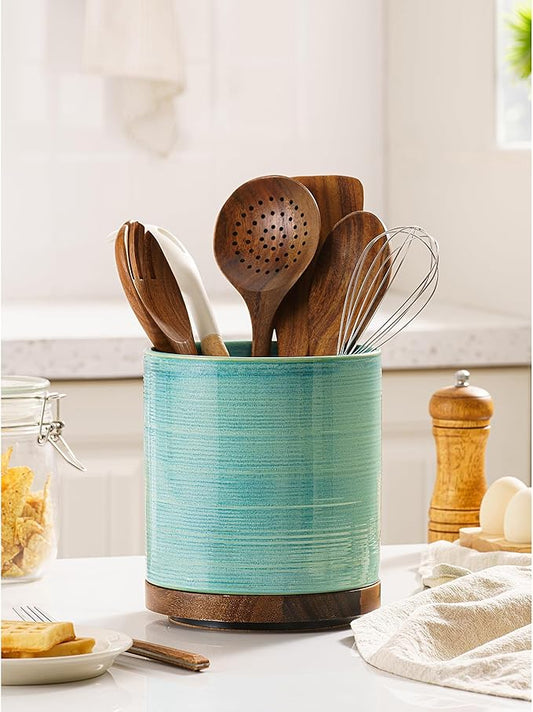 Utensil Holder, 360° Rotating Extra Large Ceramic Kitchen Utensil Holder for Countertop, Cooking Utensil Crocks for Counter with Rotatable Wooden Base, Farmhouse Kitchen Decor, Green