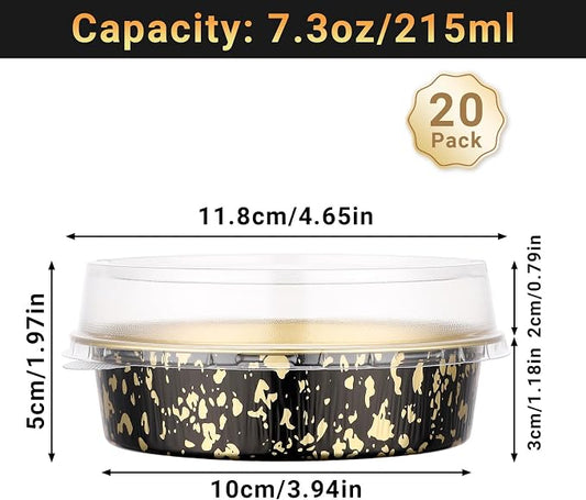 Beasea 7.3oz Cheesecake Pan with Lids, 20 Pack 4 Inch Round Aluminum Foil Disposable Tart Tins, Cupcake Container with Lids Mini Pie Tart Pans Baking Cups For Pizza Quiche - Black Gold Speckles