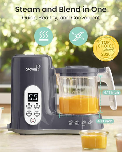 Grownsy Baby Food Maker with Steam Basket, One Step Baby Food Processor Steamer Puree Blender Grinder Mills Machine, Auto Cooking Grinding and Sterili-zing for Healthy Homemade Baby Food, Dark Grey
