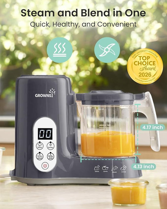 Grownsy Baby Food Maker with Steam Basket, One Step Baby Food Processor Steamer Puree Blender Grinder Mills Machine, Auto Cooking Grinding and Sterili-zing for Healthy Homemade Baby Food, Dark Grey