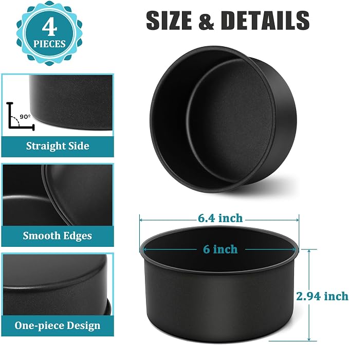 P&P CHEF 6 Inch Cake Pan, Nonstick Round Baking Layer Cake Pans Tins Set for Birthday Wedding, 2.94-Inch Deep Side & One-piece Design, Stainless Steel Core & Easy Clean, Black 4Pcs