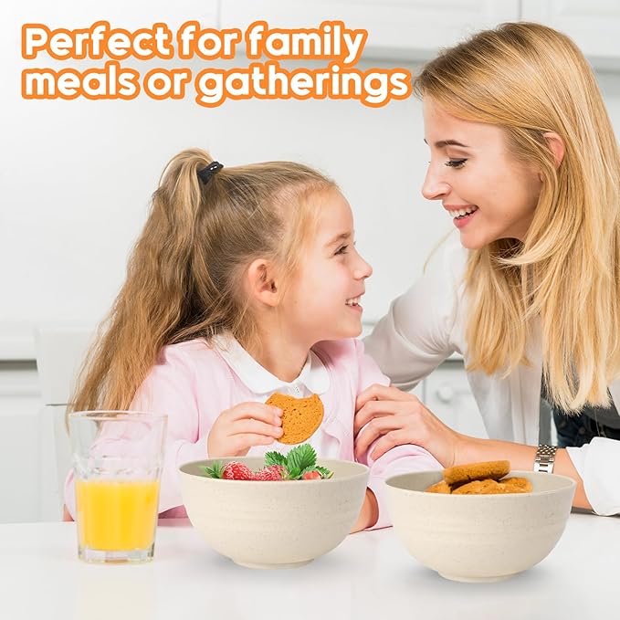 Unbreakable Cereal Bowls Set of 8, 26 Oz Wheat Straw Bowl Sets, Microwave & Dishwasher Safe Bowls for Kitchen, Reusable Plastic Bowl for Soup, Salad, Rice, Snack, BPA Free, Beige