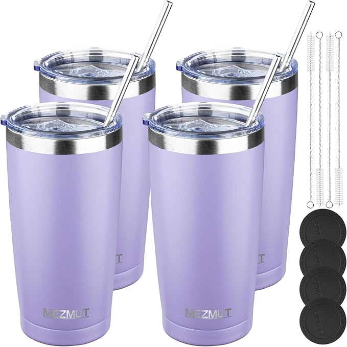 MEZMUT 20oz Tumbler Coffee Travel Mug with Lid and Straw, 4 Pack Stainless Steel Double Wall Vacuum Spill Proof Insulated Tumbler, Hot or Iced Coffee Cups for Drinks (4Pcs, Light Purple)
