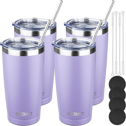 MEZMUT 20oz Tumbler Coffee Travel Mug with Lid and Straw, 4 Pack Stainless Steel Double Wall Vacuum Spill Proof Insulated Tumbler, Hot or Iced Coffee Cups for Drinks (4Pcs, Light Purple)