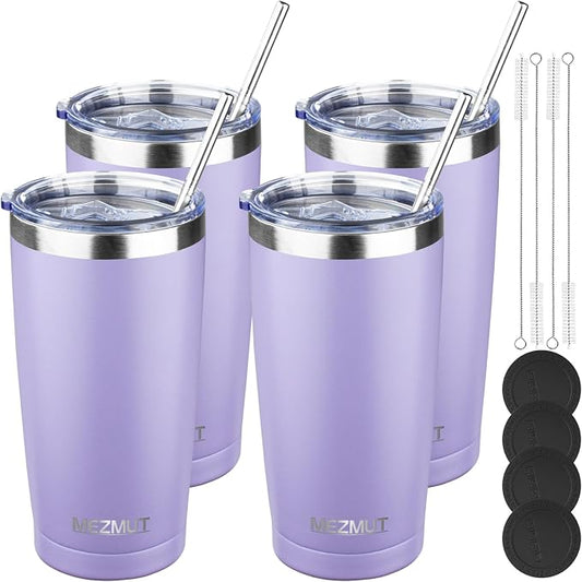 MEZMUT 20oz Tumbler Coffee Travel Mug with Lid and Straw, 4 Pack Stainless Steel Double Wall Vacuum Spill Proof Insulated Tumbler, Hot or Iced Coffee Cups for Drinks (4Pcs, Light Purple)