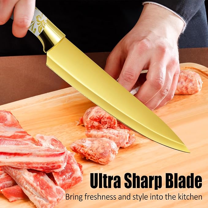 Knife Block Set, Gold Sharp Knives with Acrylic Block, Stainless Steel Kitchen Knife Set with Serrated Steak Knife, Chef Knife, Bread Knife, Scissors, Sharpener, 14Pcs Professional Knife Set for gift