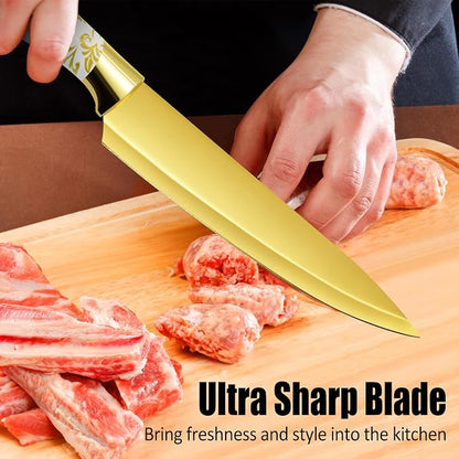 Knife Block Set, Gold Sharp Knives with Acrylic Block, Stainless Steel Kitchen Knife Set with Serrated Steak Knife, Chef Knife, Bread Knife, Scissors, Sharpener, 14Pcs Professional Knife Set for gift