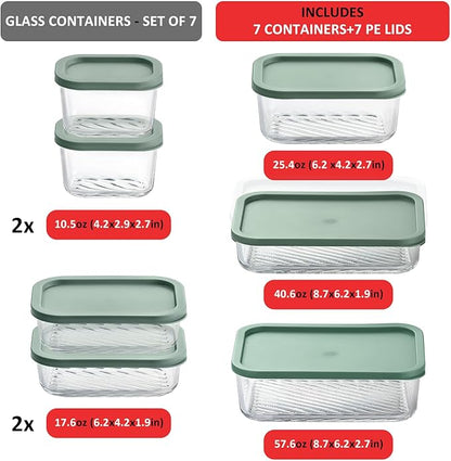 EATEX Grooved Base Glass Meal Prep Containers, 7 Pack Glass Storage Containers with Lids for Meal Prep & Lunch, Microwave Oven Freezer Dishwasher Safe, Anti Moisture Non-Stick Design - Sage Green