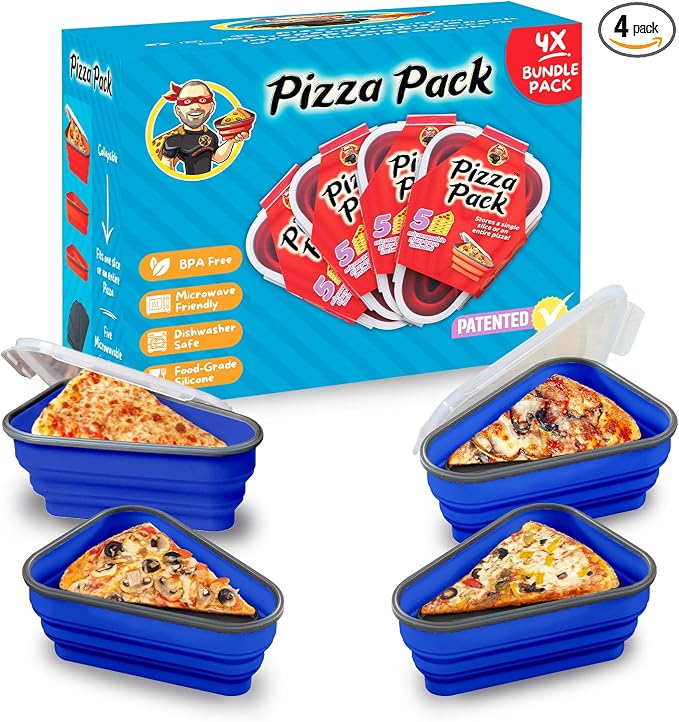 PIZZA PACK The Perfect Reusable Pizza Storage Container with 5 Microwavable Serving Trays - BPA-Free Adjustable Pizza Slice Container to Organize & Save Space, 4 Pack, Blue