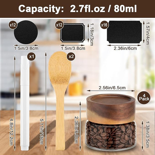 Glass Jars with Airtight Lid, 4 Pack 3oz 80ml Spice Jars with Wooden Lids, Screw Top Covers Glass Coffee Canisters, Small Storage Containers for Sugar, Loose Tea, Beans, Nuts, Candy, Sauce