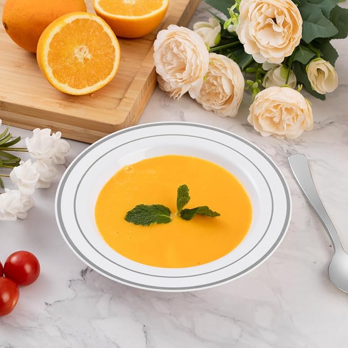 Goodluck 300 Pack Plastic Bowls with Silver Rim, 12oz Disposable Soup Bowls, Heavy Duty Dessert Bowls for Weddings, Parties, Dinners, Catering, and Everyday Use