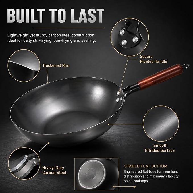 Calmabode 13” Large Flat Bottom Carbon Steel Wok with Glass Lid | Large deep wok, pre-seasoned nitrided carbon steel, amber glass lid, ideal for big family stir-fry, frying and hearty meals