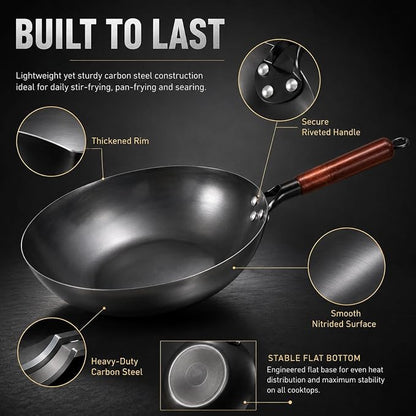 Calmabode 13” Large Flat Bottom Carbon Steel Wok with Glass Lid | Large deep wok, pre-seasoned nitrided carbon steel, amber glass lid, ideal for big family stir-fry, frying and hearty meals