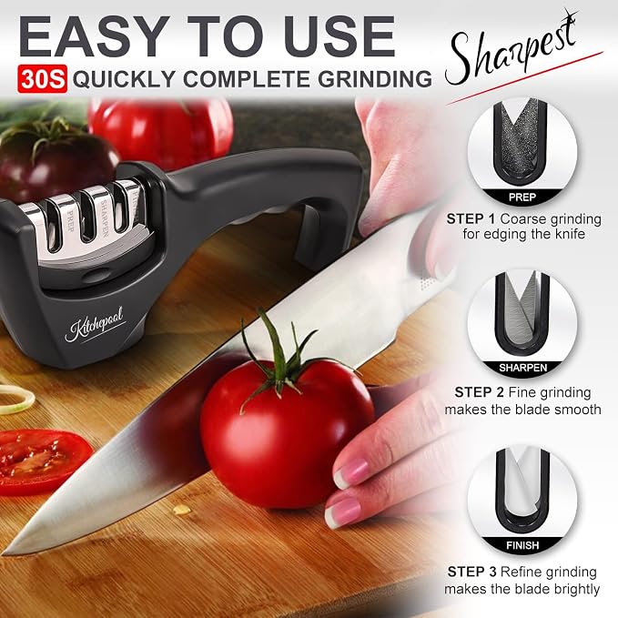 4-in-1 Knife Sharpener Kit with Cut-Resistant Glove, 3-Stage Quality Kitchen Knife Accessories to Repair, Grind, Polish Blade, Professional Knife Sharpening Tool for Kitchen Knives