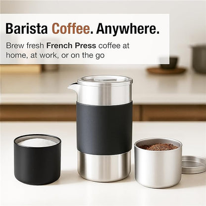 Small French Press Coffee Maker Set - 12 oz | Portable Travel French Press Coffee Maker | Double Wall Insulated with Dual Stainless Filters & 2 Steel Canisters for Grounds, Tea, Creamer & Sugar