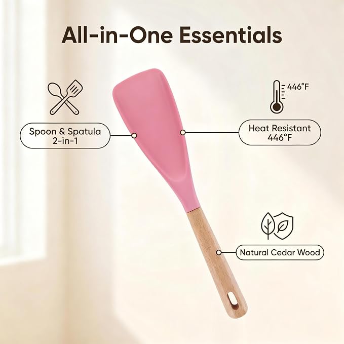 Cedar and Ash Spoon,Cedar and Ash Spoonula,Multifunction Spatula Cooking Spoon, Matte Kitchen Silicone Utensil for Cooking Serving Perfect Spatula for Pasta Salad (PINK)