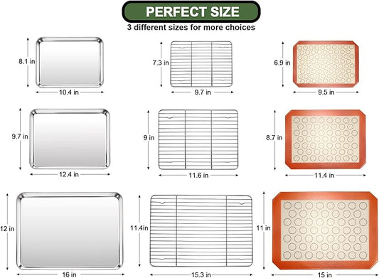 Baking Sheet Tray Cooling Rack with Silicone Baking Mat Set, Stainless Steel Cookie Pan For Oven, Set of 9 (3 Sheets + 3 Racks + 3 Mats), Warp Resistant & Heavy Duty & Easy Clean, Red